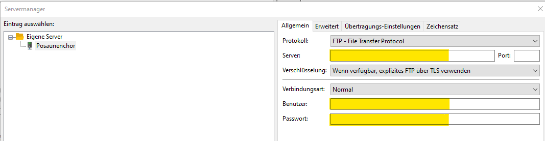 FileZilla Serverangaben